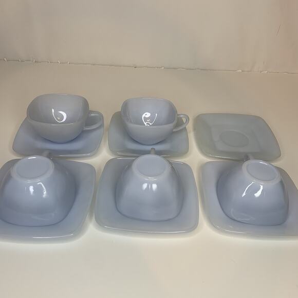 SET 5 FIRE KING AZURE BLUE CHARM AZURITE DELPHITE MILK GLASS SQUARE CUP SAUCERS - Picture 9 of 9